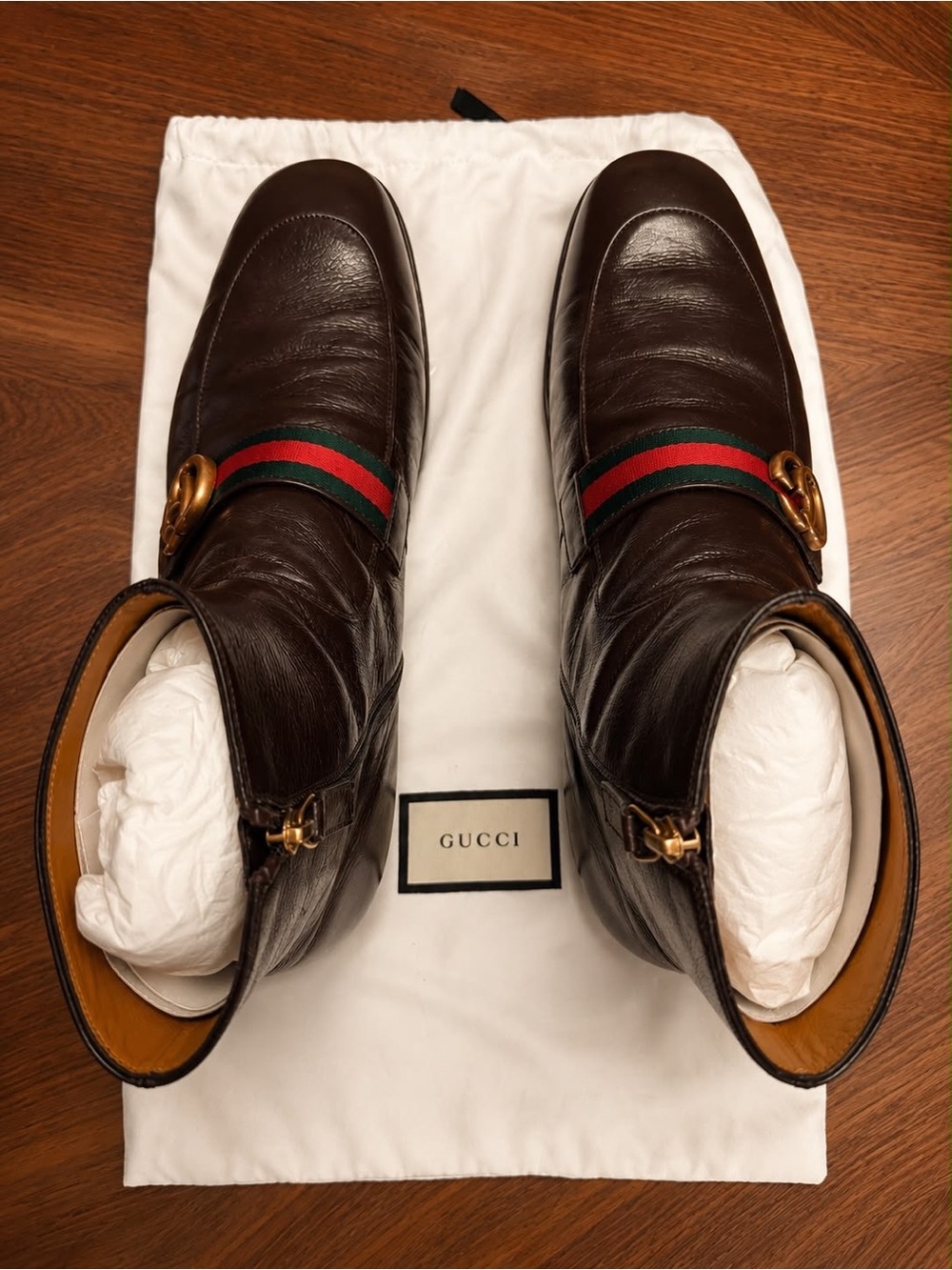 Gucci Brown Leather Men’s Ankle Chukka Boots with Green-Red Web & Gold Double G. - Picture 6 of 9